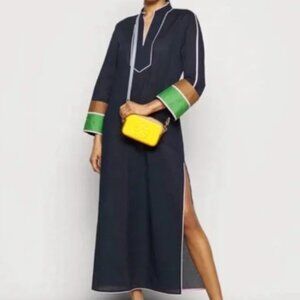 TORY BURCH Colorblock Long Side-slit Caftan Tunic Dress Dark Blue w. Pink Trim